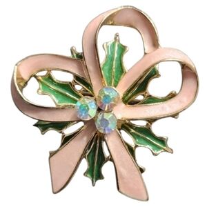 Elegant Pink Bow Brooch with Green Holly & AB Crystals